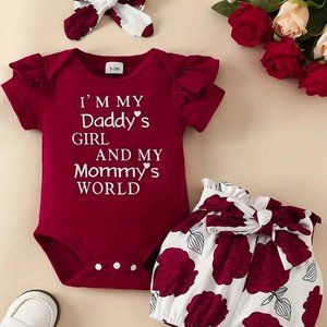 3pcs Baby Girls Cute "I'm My Daddy's Girl And My Mommy's World" Short Sleeve